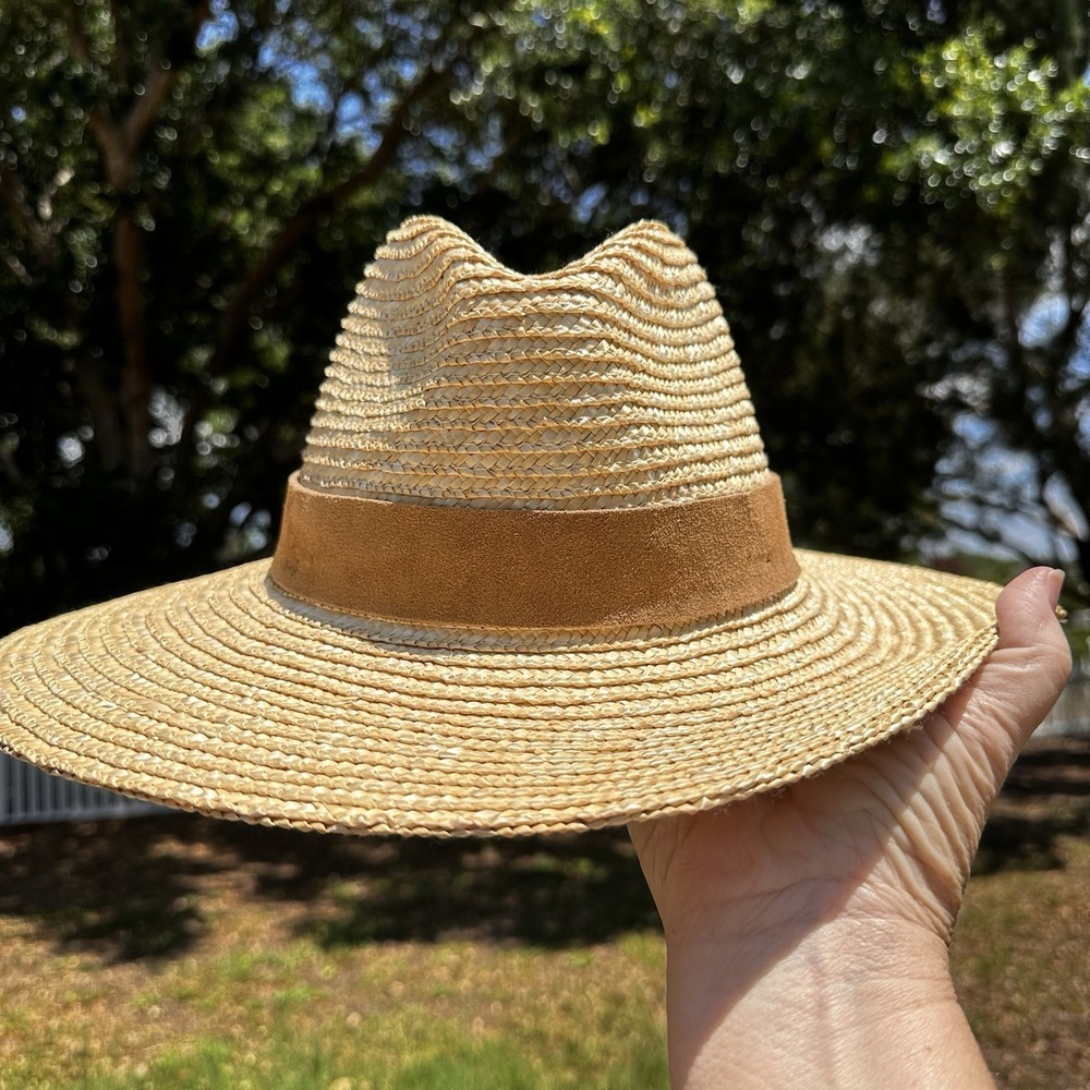 Gigi Pip Straw Wide Brim Hat Tan Suede Band Boho Summer Beach One Size